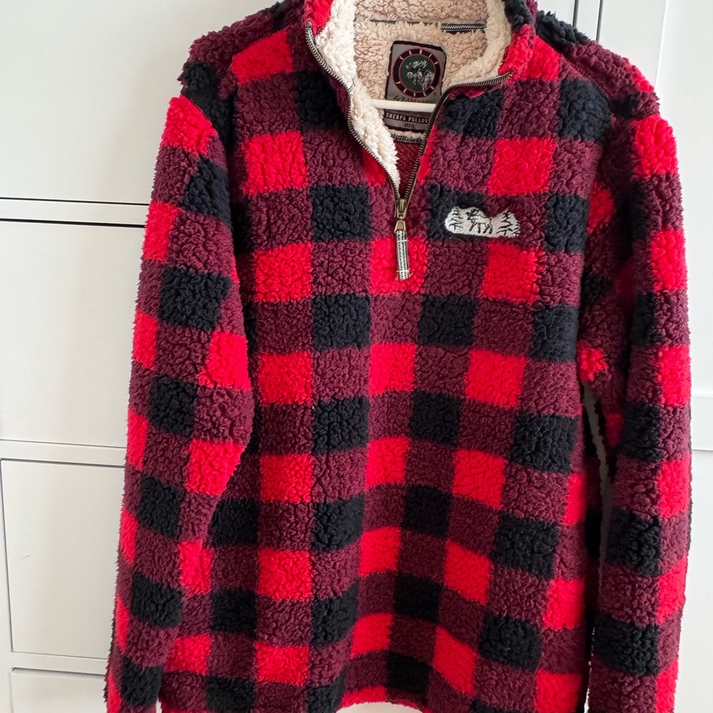 Cozy Buffalo Check Sherpa Zip-Up Pullover - Red/Black womens size Medium